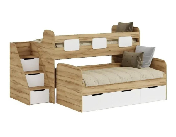 Кровать 2-х ярусная Городок 190х90 + 180х80  (дуб золотистый + белый)