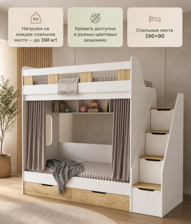 Двухъярусная кровать Твинс 190х90 (дуб каньон + белый) от Династия Kids