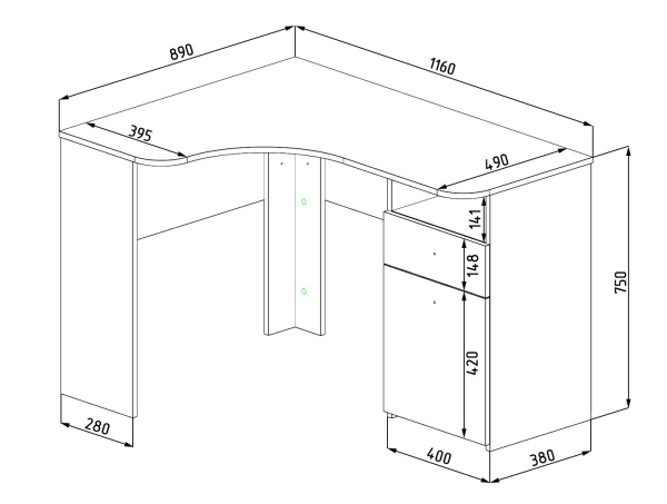 Стол угловой 1160 мм Умка NEW (ручки - дуб) от Династия Kids