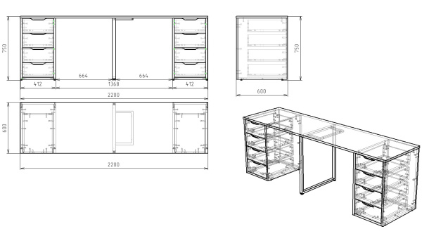 Стол Дуэт 2200 мм (две тумбы) дуб каньон+белый. Опора черная. Столешница 22 мм от Династия Kids