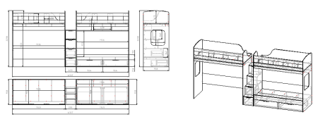 Кровать 3-х ярусная Квартет (корпус белый + фасады велюр)