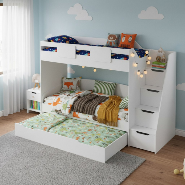 Кровать-чердак Мозаика-2 + кровать Двушка (цвет белый) 190х90