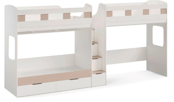 Кровать 3-х ярусная Квартет (корпус белый + фасады велюр)