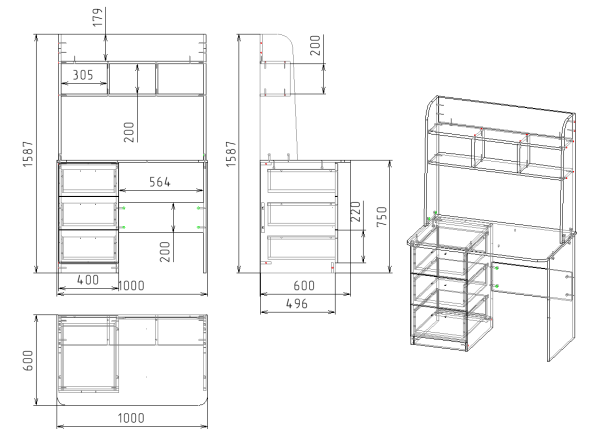 Стол 1000 мм Практик-3 (дуб каньон+белый). Левый/правый от Династия Kids