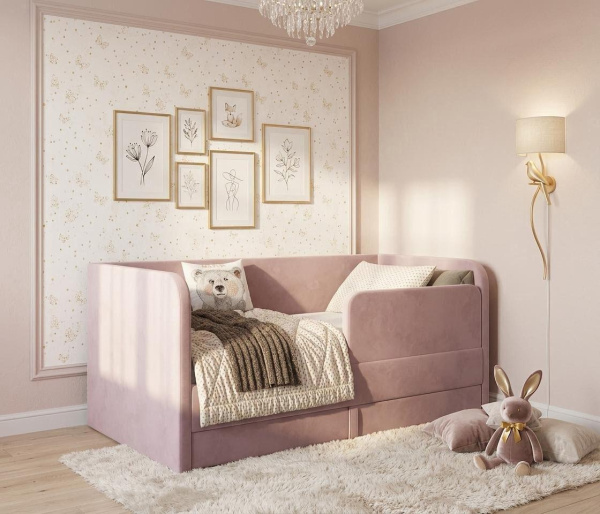 Мягкая кровать Nepos 160х80 с бортиком и ящиком. Велюр Velutto 11 (пудровый)