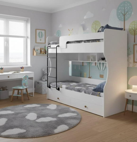 Кровать 2-х ярусная Омега (цвет белый + лестница черная) 190х80